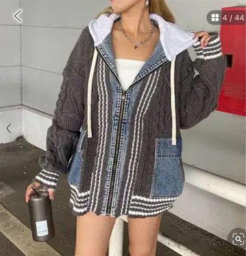 새상품 non-hedge 케이블 니트 데님 절개 후드