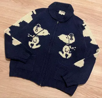 90s PEANUTS 스누피 니트 카우친 구제 의류 풀 집업 M