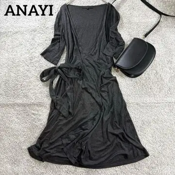 아나이 랩 원피스 롱 38 그레이 리본 A라인 7부 소매 일본제