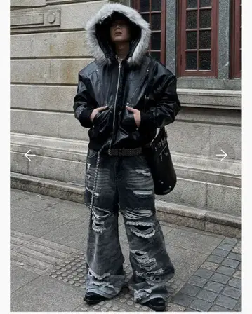 후드 부착 가죽 자켓 데미지 가공