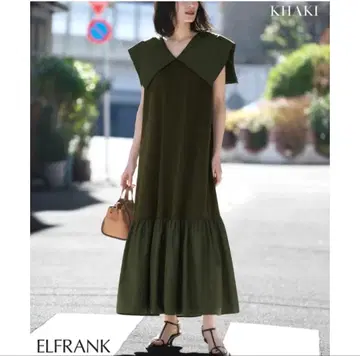 ELFRANK 새상품급 세일러 카라 이소재 도킹 롱 원피스 카키