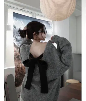 darich 빅 리본 백 오픈 니트탑 GRY