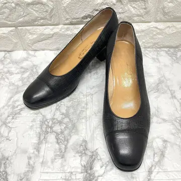 새상품급 긴자 요시노야 펌프스 23cm 블랙 천연 가죽 와이드 힐 일본제