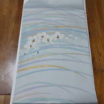 나고야 오비 하늘색과 금색의 물결무늬