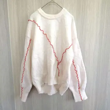 Bob 상의 니트 스웨터 빨간색 라인 스티치 화이트 프리 사이즈