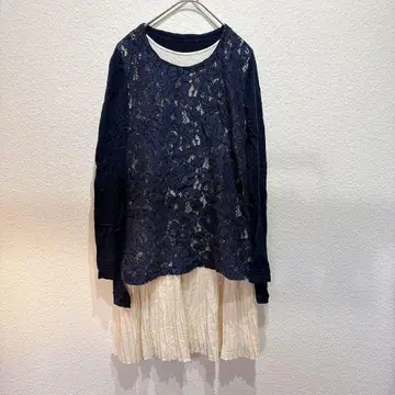 네이비 레이스 탑 긴팔 원피스