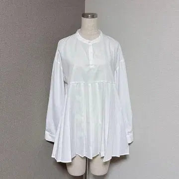 봉쥬르 사간 플리츠 셔츠 튜닉 밴드 카라 화이트