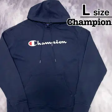 Champion 후드티 L 네이비 풀오버 프린트 로고 US 구제 의류