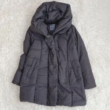 준코 시마다 다운 자켓 후드 부착 큰 옷깃 11 브라운 체크 무늬