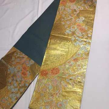 고급 후쿠로 오비 골드 컬러 꽃무늬 자수