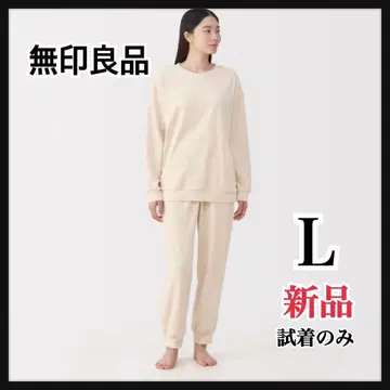 새상품 무인양품 여성 코튼 벨로아 긴팔 룸웨어 세트 아이보리 L