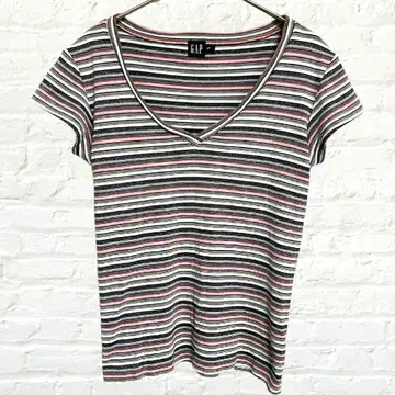 갭 멀티 보더 T셔츠 프렌치 슬리브 V넥 티셔츠 라메