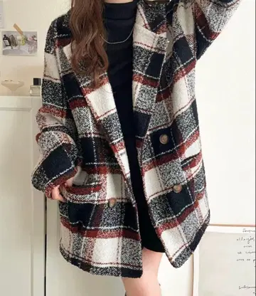 기모 부클 체크 무늬 코쿤 실루엣 더블 자켓 코트