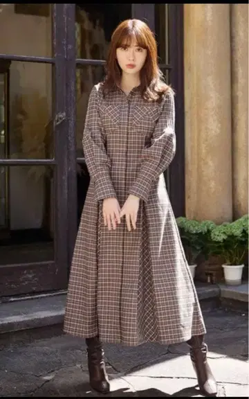 Checkered Pleats Long Shirt Dress