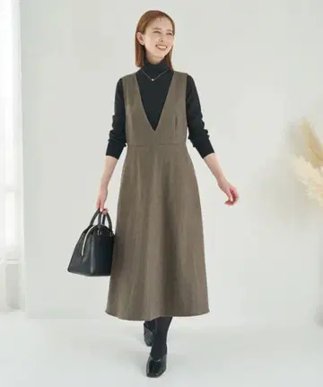 ROPE' PICNIC 플레어 체크 오버롤 스커트 원피스 브라운