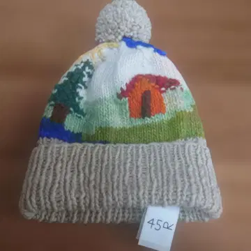 45R 풍경 패턴 니트 모자 폼폼 포함