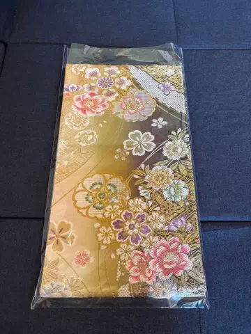 골드 컬러 꽃무늬 순수 실크 후쿠로 오비