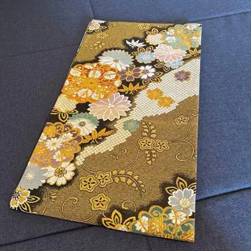 순수 실크 후쿠로 오비 꽃무늬 골드 컬러