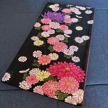 화려한 국화 자수 순수 실크 후쿠로 오비
