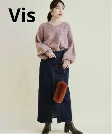 vis 풀오버 니트 스웨터 멜란지 V넥 퍼프 소매