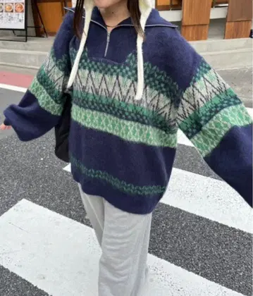 노르딕 무늬 하프 지퍼 니트