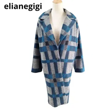 엘리안 지지 울 체크 롱 코트 블루 계열 프리 사이즈