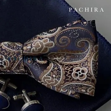 - 나비 넥타이 페이즐리 무늬 포켓 치프 커프스 네이비 남성용