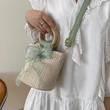 리본 포함 에코백 아이보리 그린