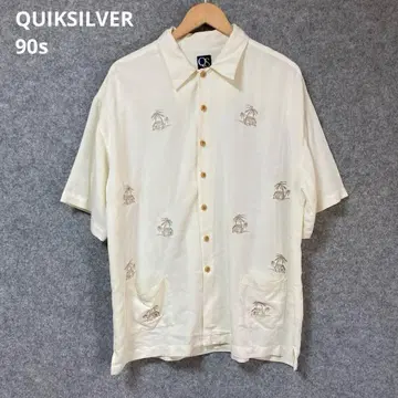 QUIKSILVER 90s 야자수 자수 반팔 셔츠 크림색