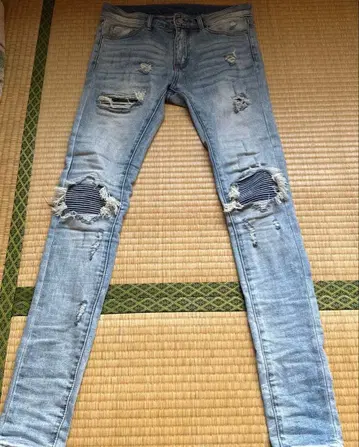 mnml 데미지 가공 스키니 데님