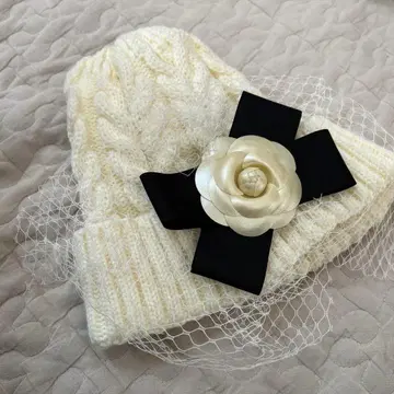 튤 코사지 니트 모자