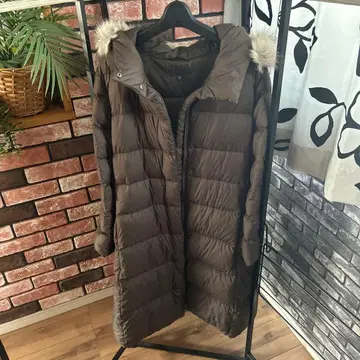브라운 XL 후드 부착 롱 다운 자켓