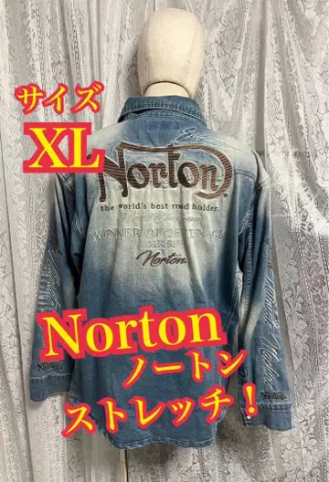Norton 노튼 긴팔 데님 셔츠 스트레치 자수 로고 바이커 XL