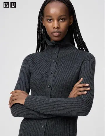 유니클로 U 메리노 블렌드 하이넥 가디건 다크 그레이 XL