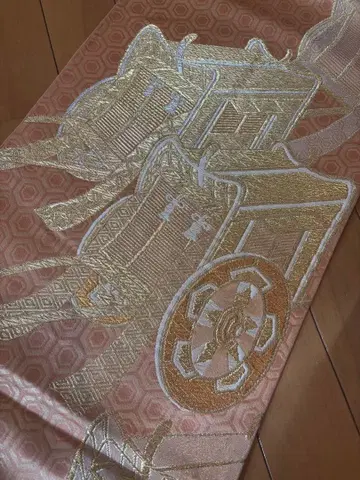 골드 컬러 자수 핑크 후쿠로 오비 거북이 등껍질 무늬