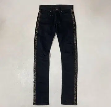 Roen jeans 사이드 레오파드 스키니 데님 팬츠 스컬 자수 블랙
