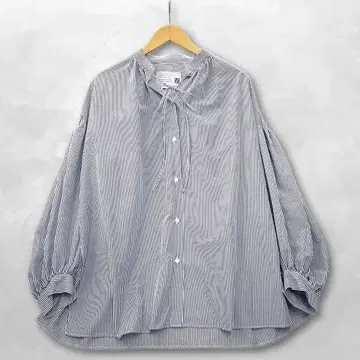 파시오네 스트라이프 벌룬 슬리브 셔츠 블라우스 네이비 x 화이트