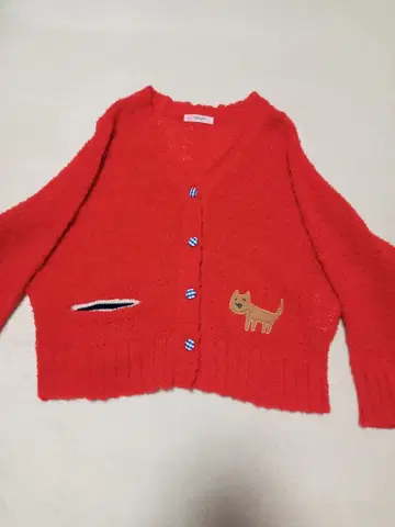 푸두두 POUDOUDOU 레드 고양이 자수 니트 가디건