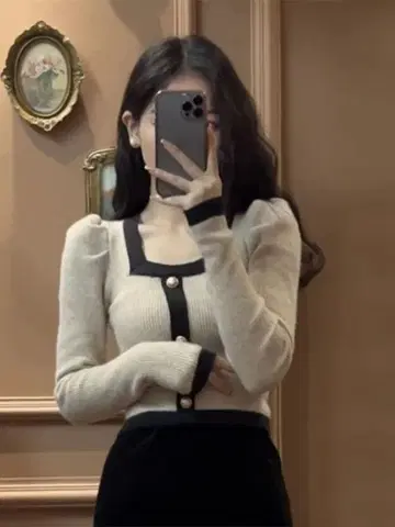 베이지 퍼프 슬리브 니트 가디건 S