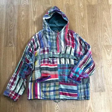 90s 멀티 컬러 체크 무늬 후드 부착 후드티