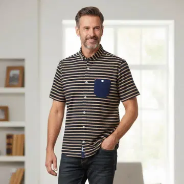 새상품 MITSUMINE 미츠미네 네이비 보더 셔츠 L 반팔 남성용