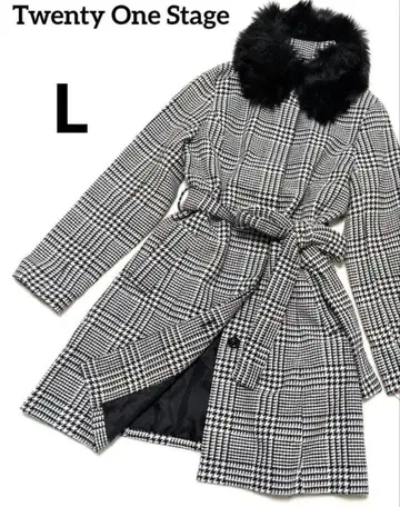 미들 기장 코트 퍼 벨트 리본 울 혼방 글렌체크 올 패턴