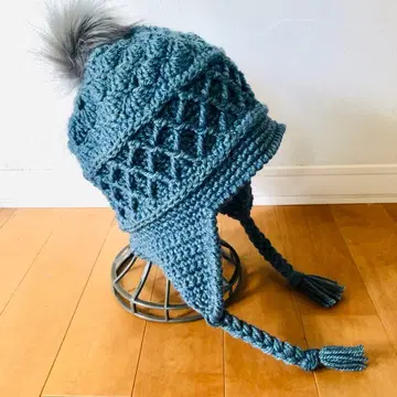 손뜨개질 귀도리 니트 모자 블루그린