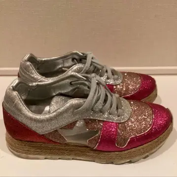 Stella MacCartney 실버 핑크 라메 통굽 스니커즈