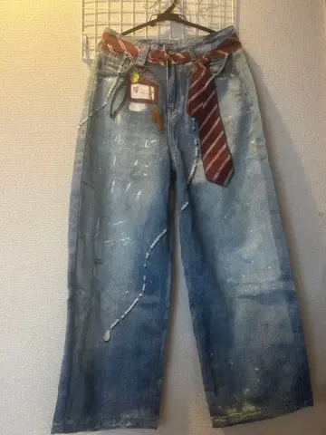 페인트 가공 와이드 데님 팬츠