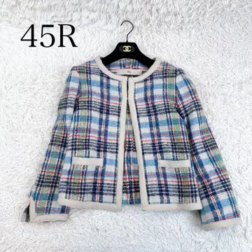 새상품급 45R 노카라 자켓 트위드 체크 무늬 니트 소재 레어