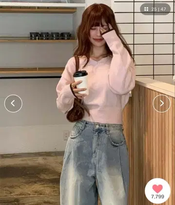 V넥 루즈핏 베이직 니트탑