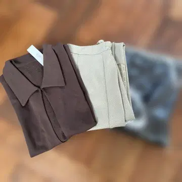 브라운 베이지 코튼 셔츠 팬츠 세트