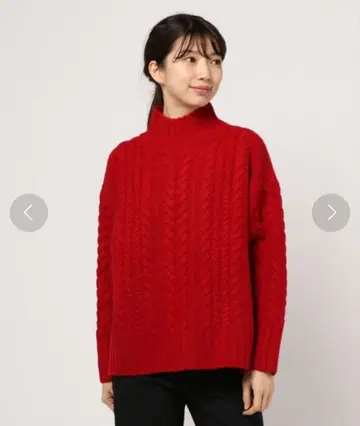 프리미어 아롱디스망 빨간색 케이블 니트 하이넥 울