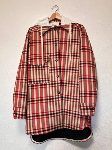 새상품급 TELA 테라 체크 무늬 울 코트 가죽 후드 2way 빨간색